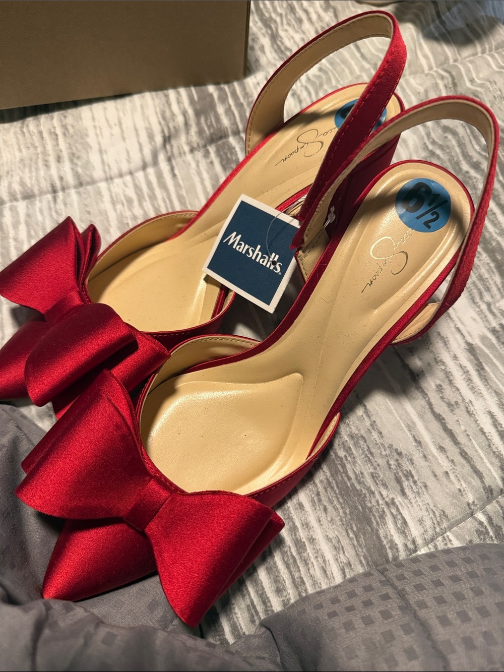 Jessica Simpson Red Satin Pointed Toe Slingback Heels with Bow